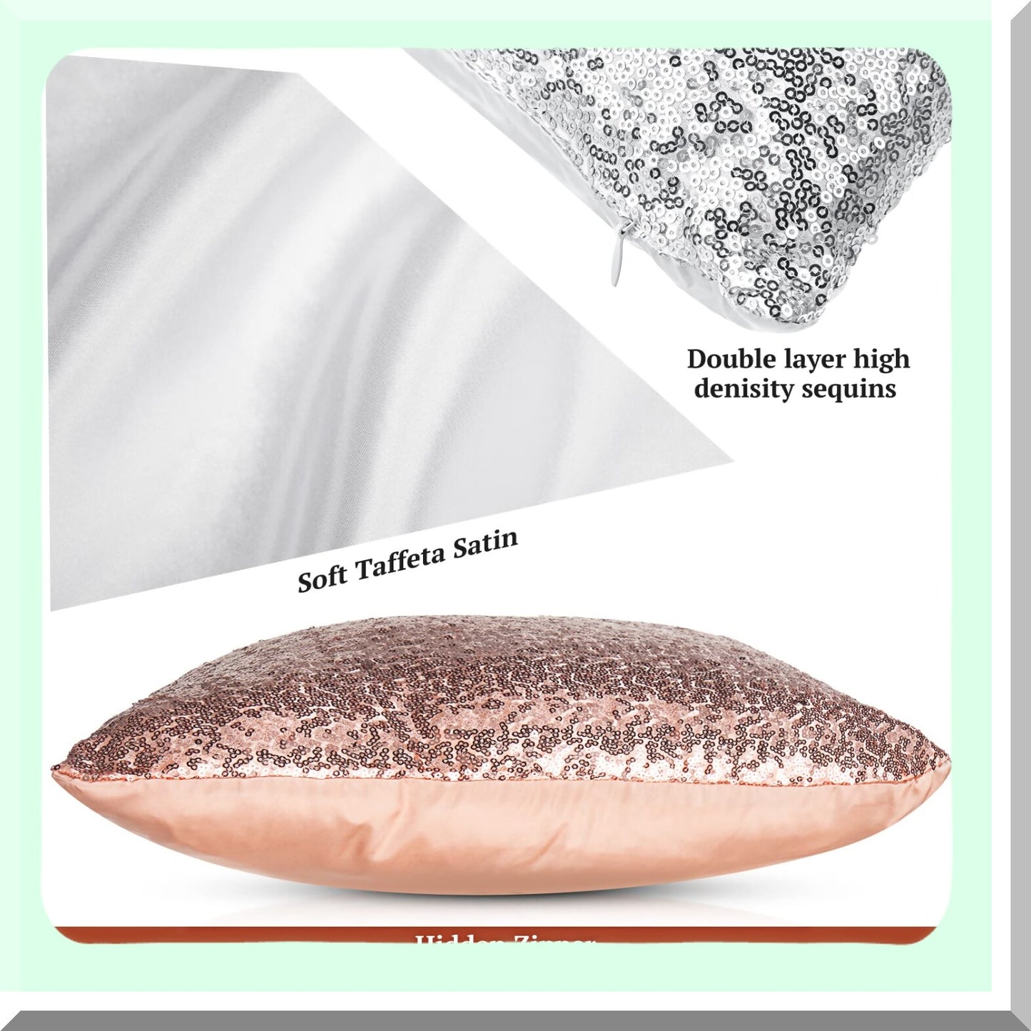 GlitterGlam Sequin & Fluff Pillowcase Set - Rose Gold & Silver 18x18 Inch Decorative Cushion Covers for Couch, Bed, Sofa - Soft & Fuzzy Sparkle Theme