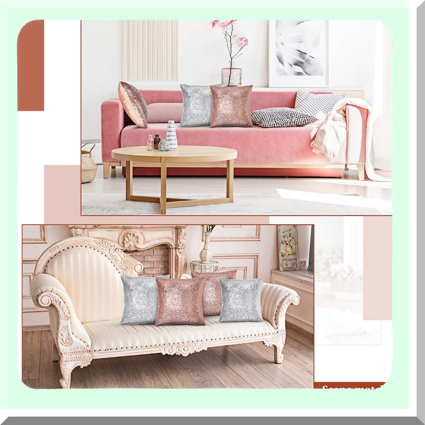 GlitterGlam Sequin & Fluff Pillowcase Set - Rose Gold & Silver 18x18 Inch Decorative Cushion Covers for Couch, Bed, Sofa - Soft & Fuzzy Sparkle Theme