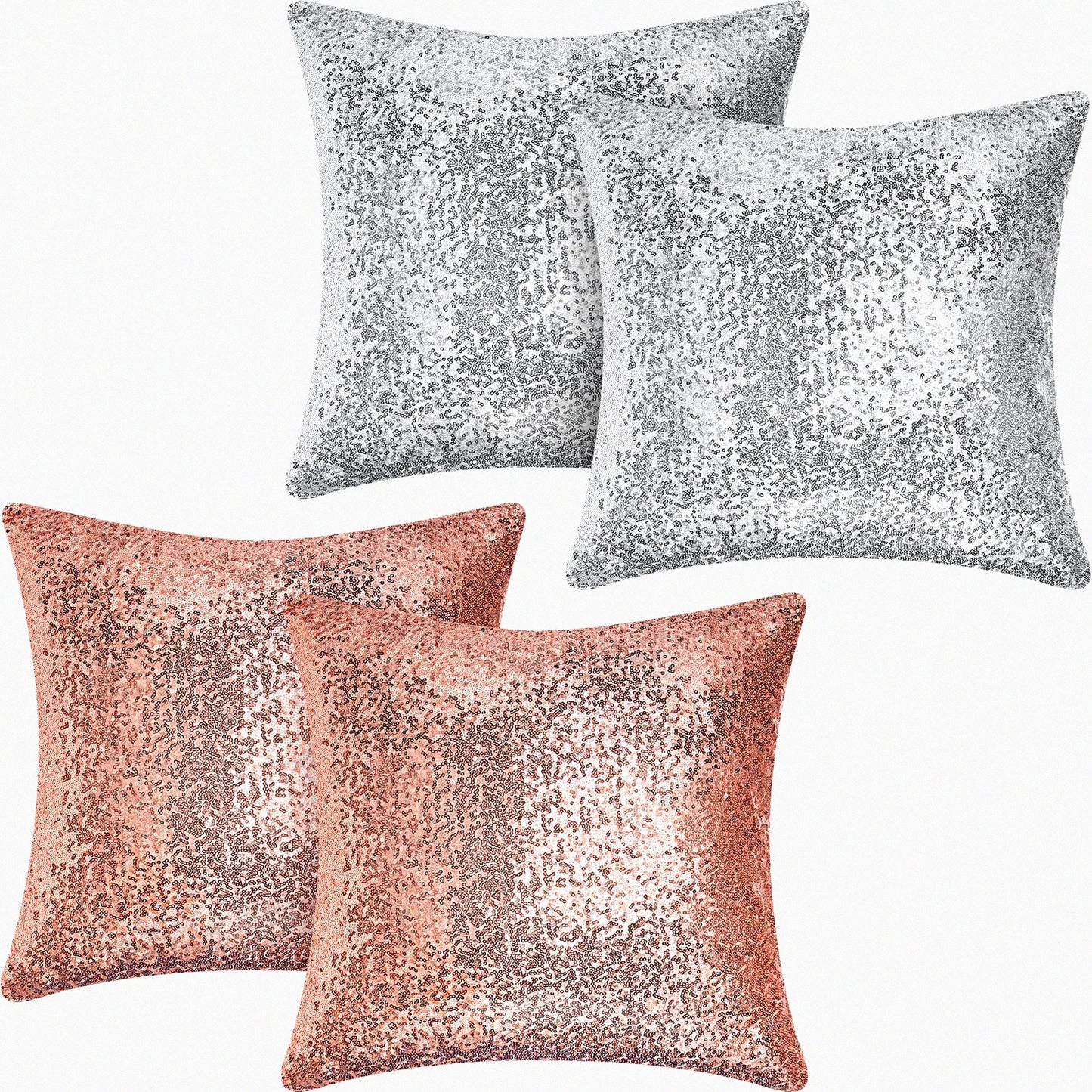 GlitterGlam Sequin & Fluff Pillowcase Set - Rose Gold & Silver 18x18 Inch Decorative Cushion Covers for Couch, Bed, Sofa - Soft & Fuzzy Sparkle Theme