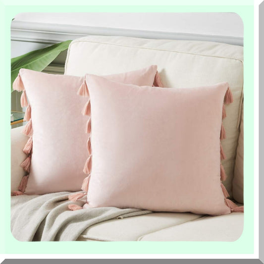 Velvet Peach Cushion Covers - Set of 2 Soft Square Throw Pillow Cases with Tels for Couch, Sofa, Bedroom, Car, Living Room Decor - 18x18 Inch Blush Pink