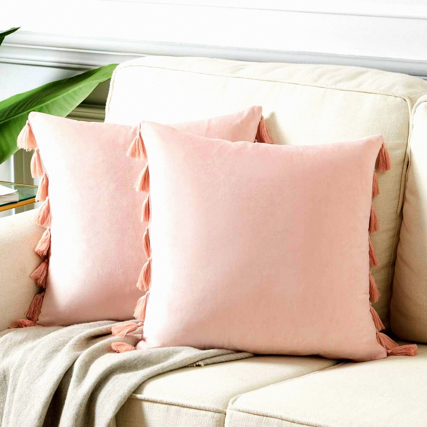 Velvet Peach Cushion Covers - Set of 2 Soft Square Throw Pillow Cases with Tels for Couch, Sofa, Bedroom, Car, Living Room Decor - 18x18 Inch Blush Pink