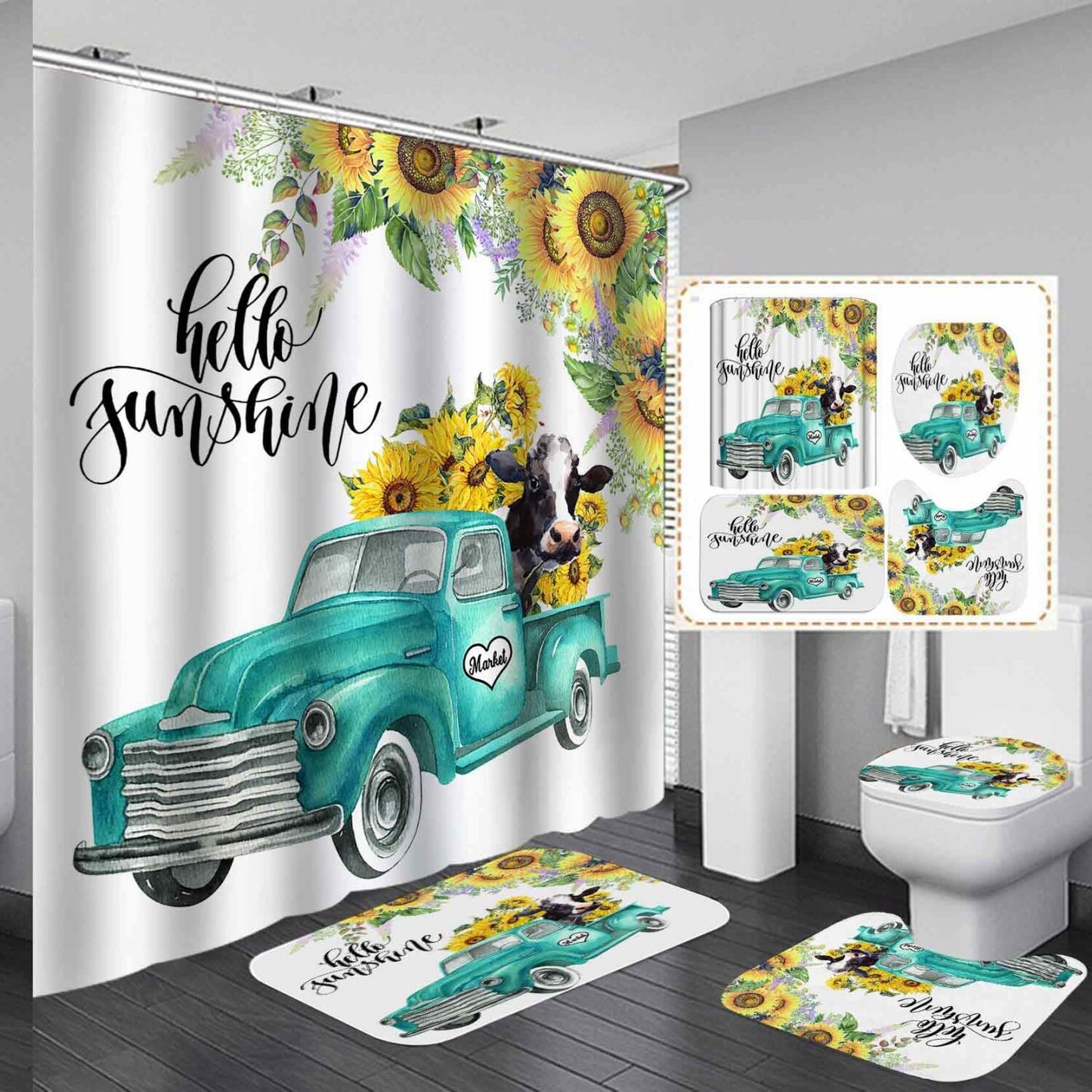 Teal Farm Truck Shower Curtain Set with Bath Mats
