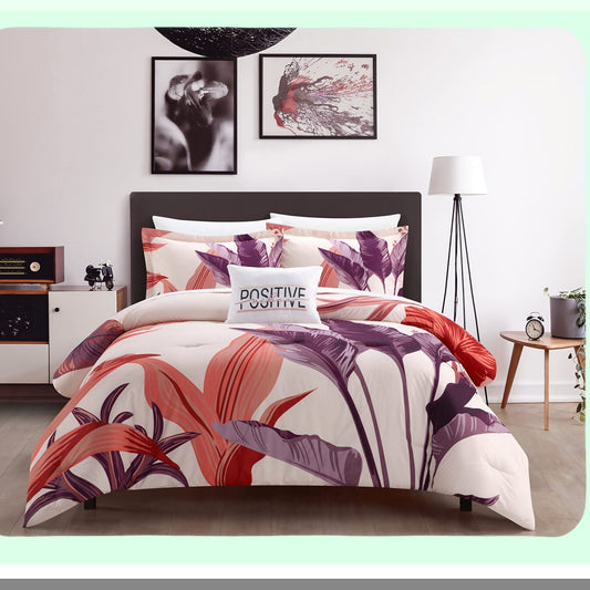 Floral Bliss 4 Piece Comforter Set - Queen Size - Large Scale Print Design - Decorative Pillow Shams - Contemporary Bedding - Blush Purple Off White