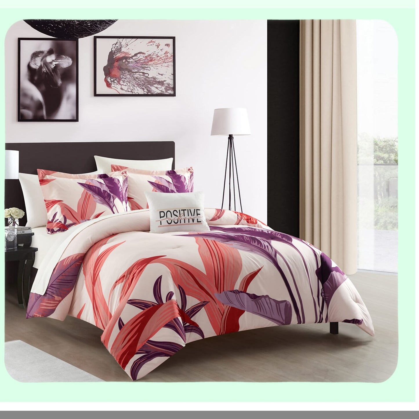 Floral Bliss 4 Piece Comforter Set - Queen Size - Large Scale Print Design - Decorative Pillow Shams - Contemporary Bedding - Blush Purple Off White