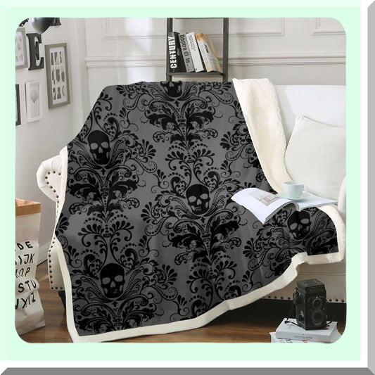 Victorian Gothic Floral Fleece Throw - Antique Black Damask Blanket with Exotic Sugar Skull Design, 50"x60""