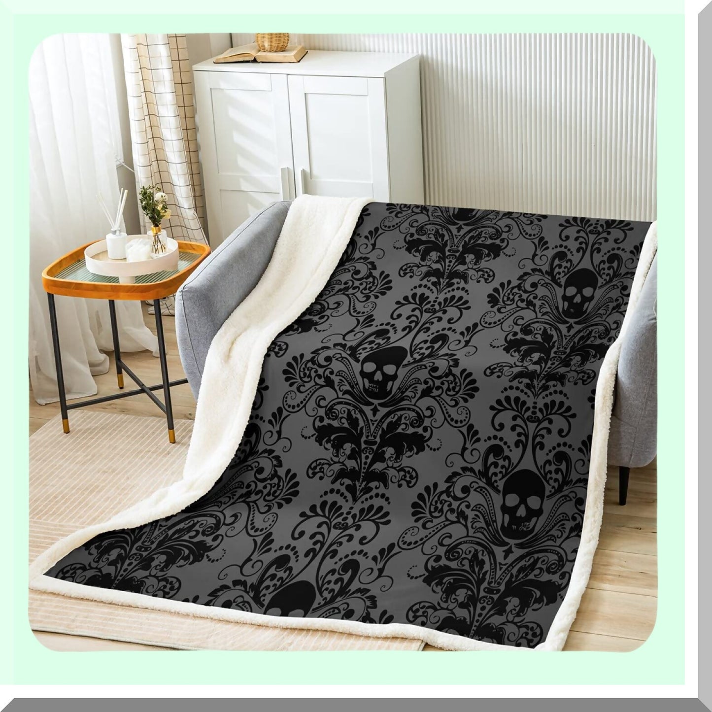 Victorian Gothic Floral Fleece Throw - Antique Black Damask Blanket with Exotic Sugar Skull Design, 50"x60""
