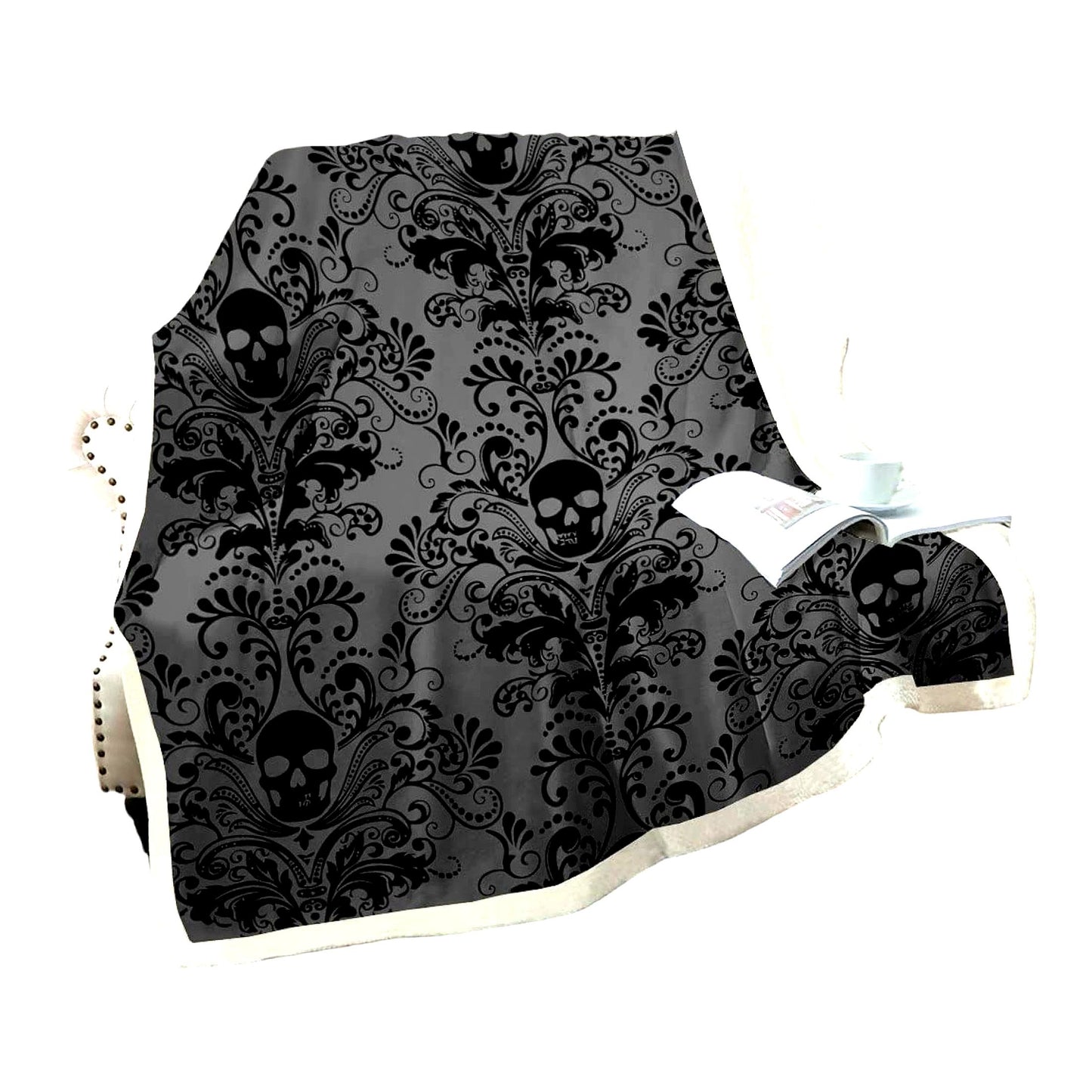 Victorian Gothic Floral Fleece Throw - Antique Black Damask Blanket with Exotic Sugar Skull Design, 50"x60""