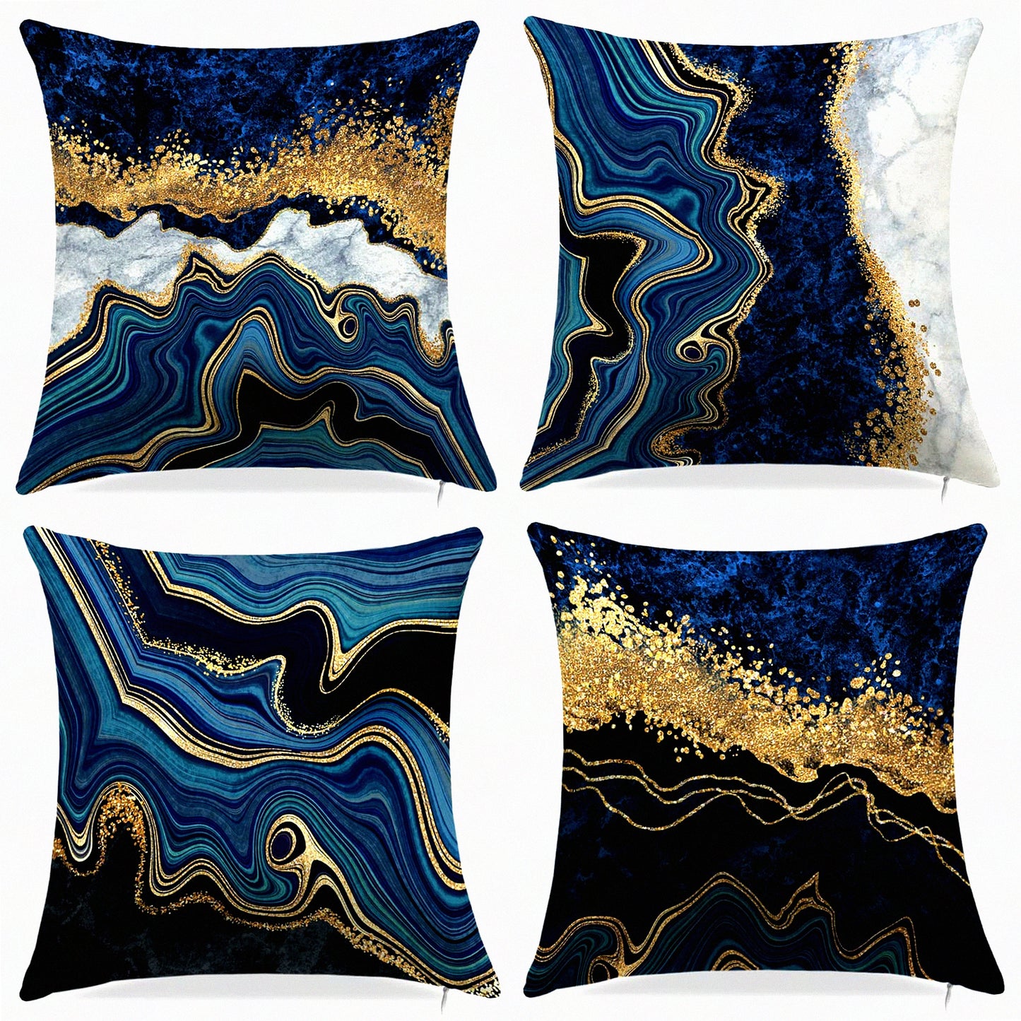 Blue Gold Marble Abstract Pillow Covers - Set of 4 - 18" x 18" - Decorative Cushion Covers for Sofa Living Room Couch - Home Decor Throw Pillowcases