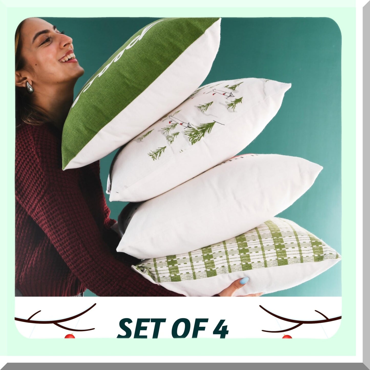 Winter Boho Farmhouse Pillow Covers - Set of 2 18x18 Decorative Cotton Throw Pillow Cases for Living Room Couch, Cute Accent Throws for Home Décor