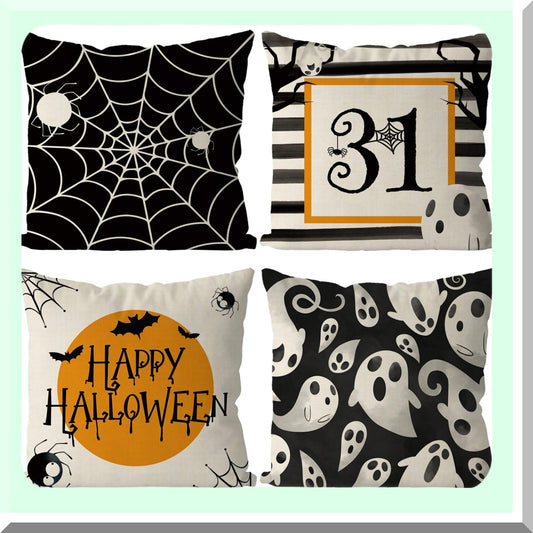 Spider Web Ghost Pillow Covers Set - Black Stripe Holiday Farmhouse Throw Pillows - Indoor Outdoor Couch Cushion Case - Home Sofa Decor - 20x20 Inch Set of 4