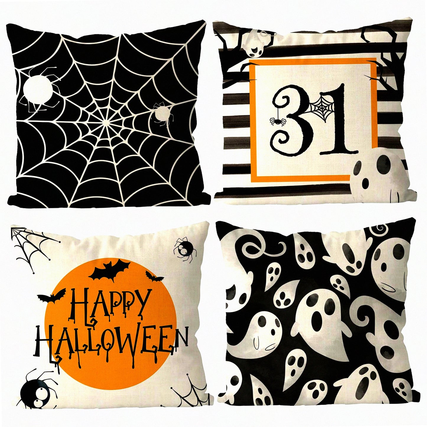 Spider Web Ghost Pillow Covers Set - Black Stripe Holiday Farmhouse Throw Pillows - Indoor Outdoor Couch Cushion Case - Home Sofa Decor - 20x20 Inch Set of 4