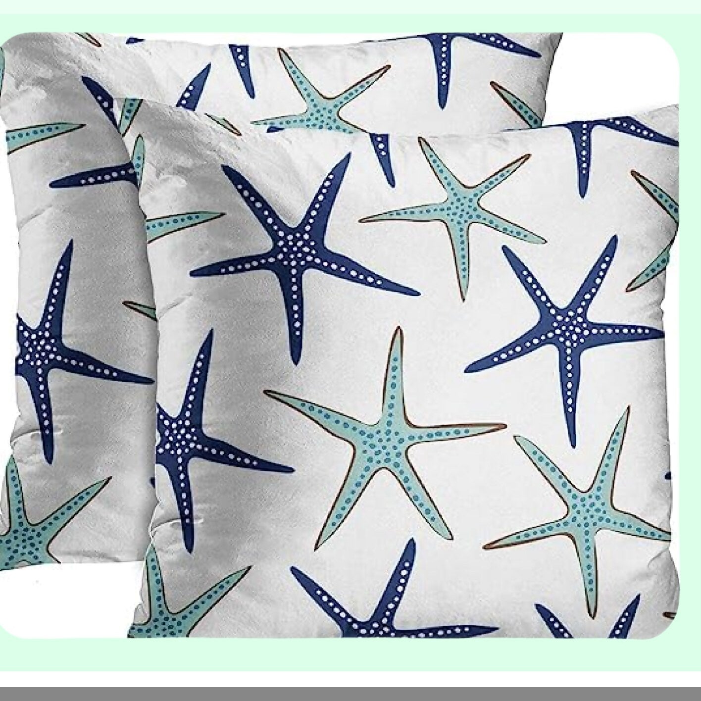 Starfish Coastal Green Blue Throw Pillow Covers - Set of 2 Decorative Cases for Home Decor, Standard Square 24x24 Inches Summer White Pillowcases - Beach Ocean Theme
