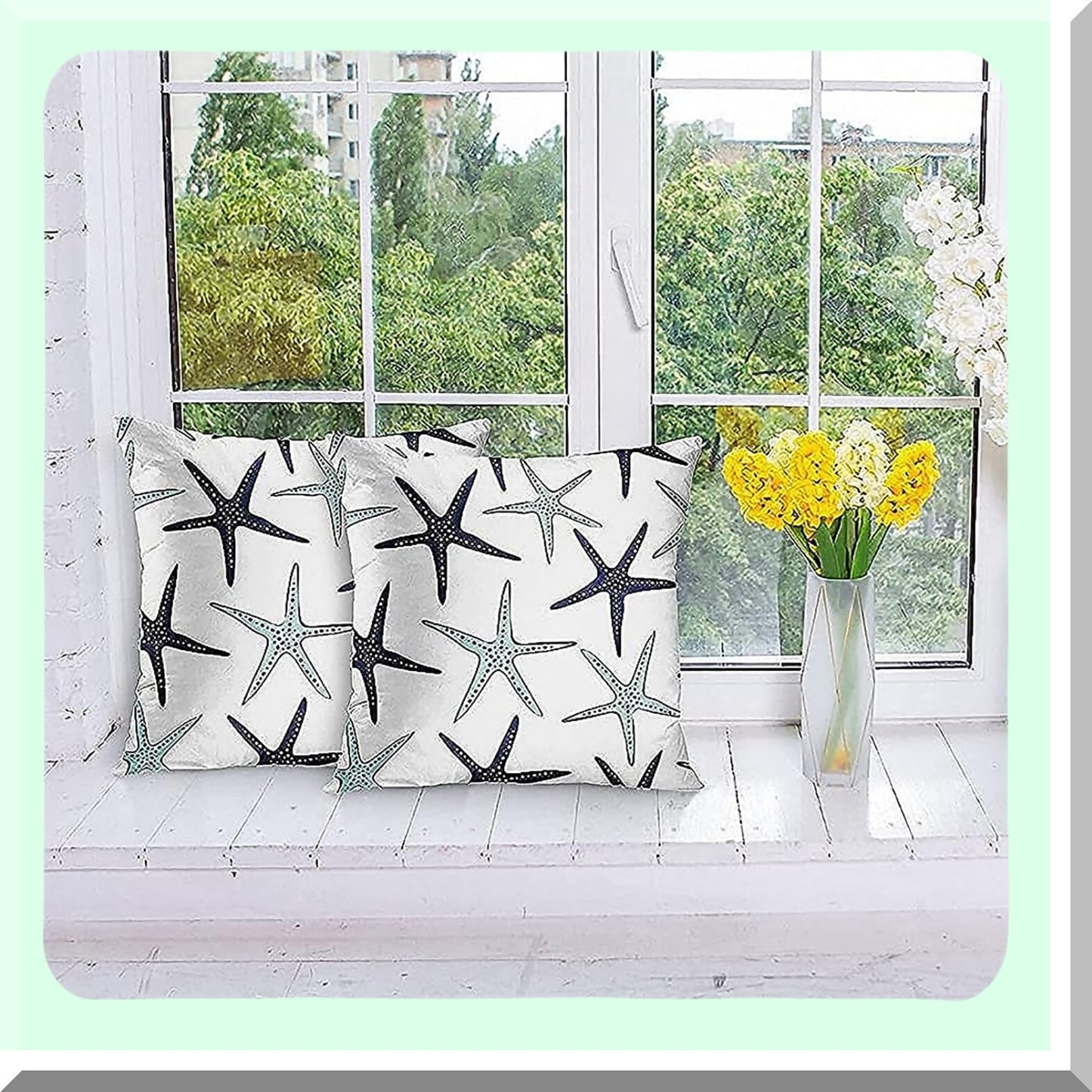 Starfish Coastal Green Blue Throw Pillow Covers - Set of 2 Decorative Cases for Home Decor, Standard Square 24x24 Inches Summer White Pillowcases - Beach Ocean Theme