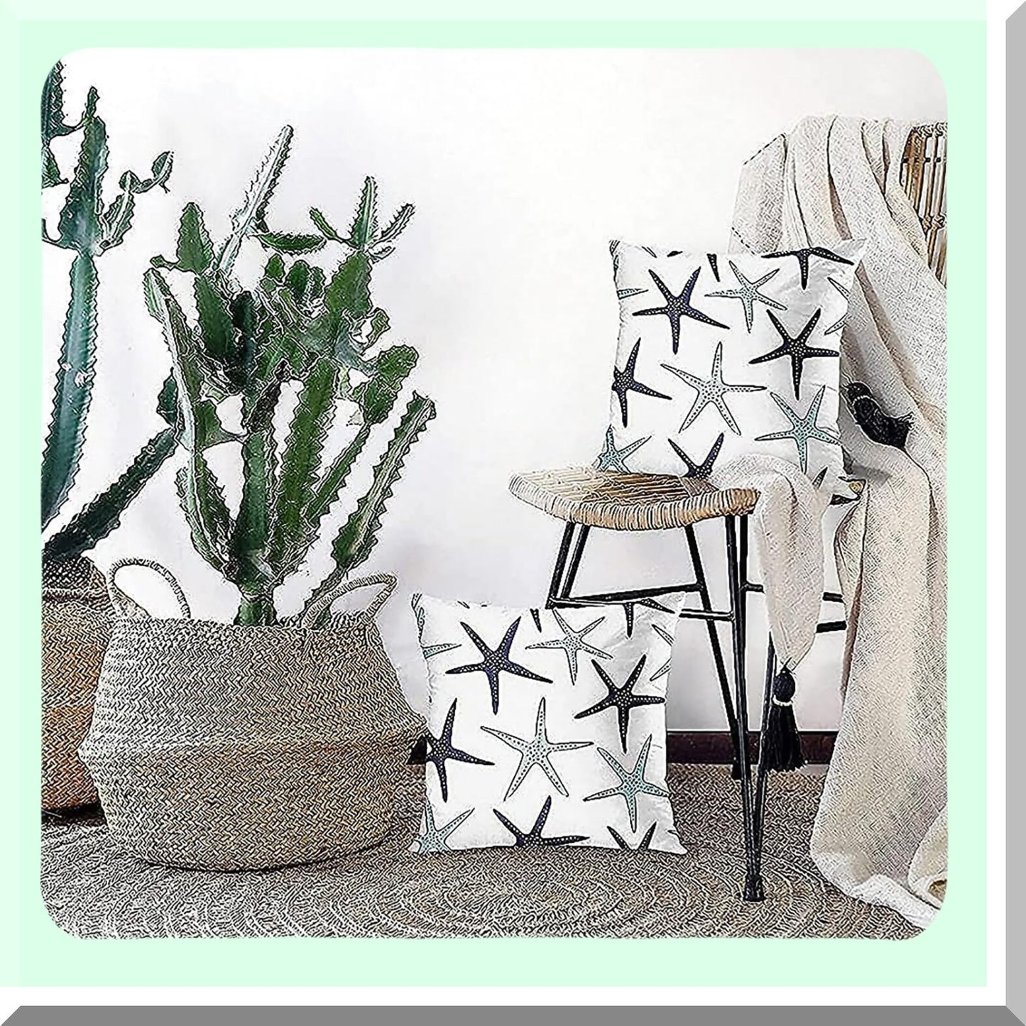 Starfish Coastal Green Blue Throw Pillow Covers - Set of 2 Decorative Cases for Home Decor, Standard Square 24x24 Inches Summer White Pillowcases - Beach Ocean Theme