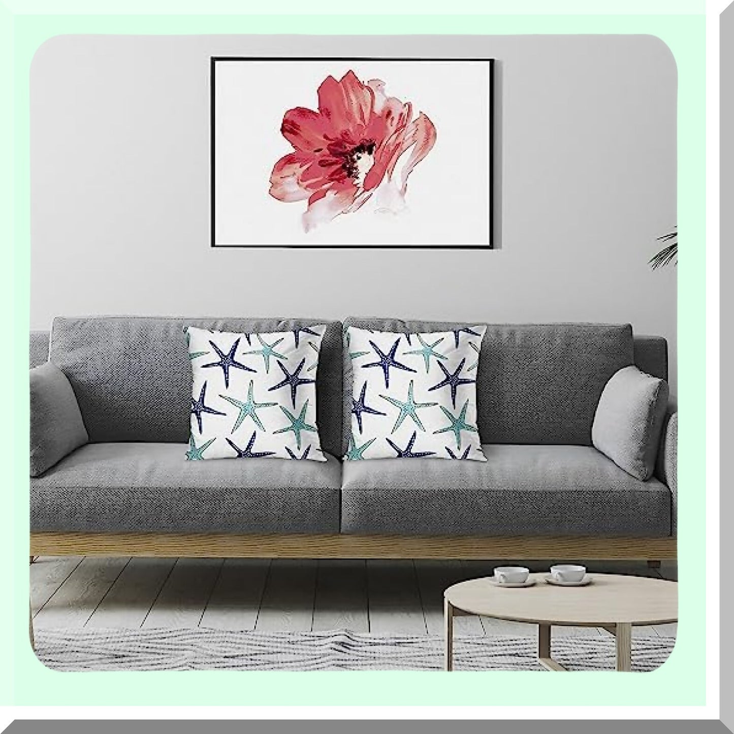 Starfish Coastal Green Blue Throw Pillow Covers - Set of 2 Decorative Cases for Home Decor, Standard Square 24x24 Inches Summer White Pillowcases - Beach Ocean Theme