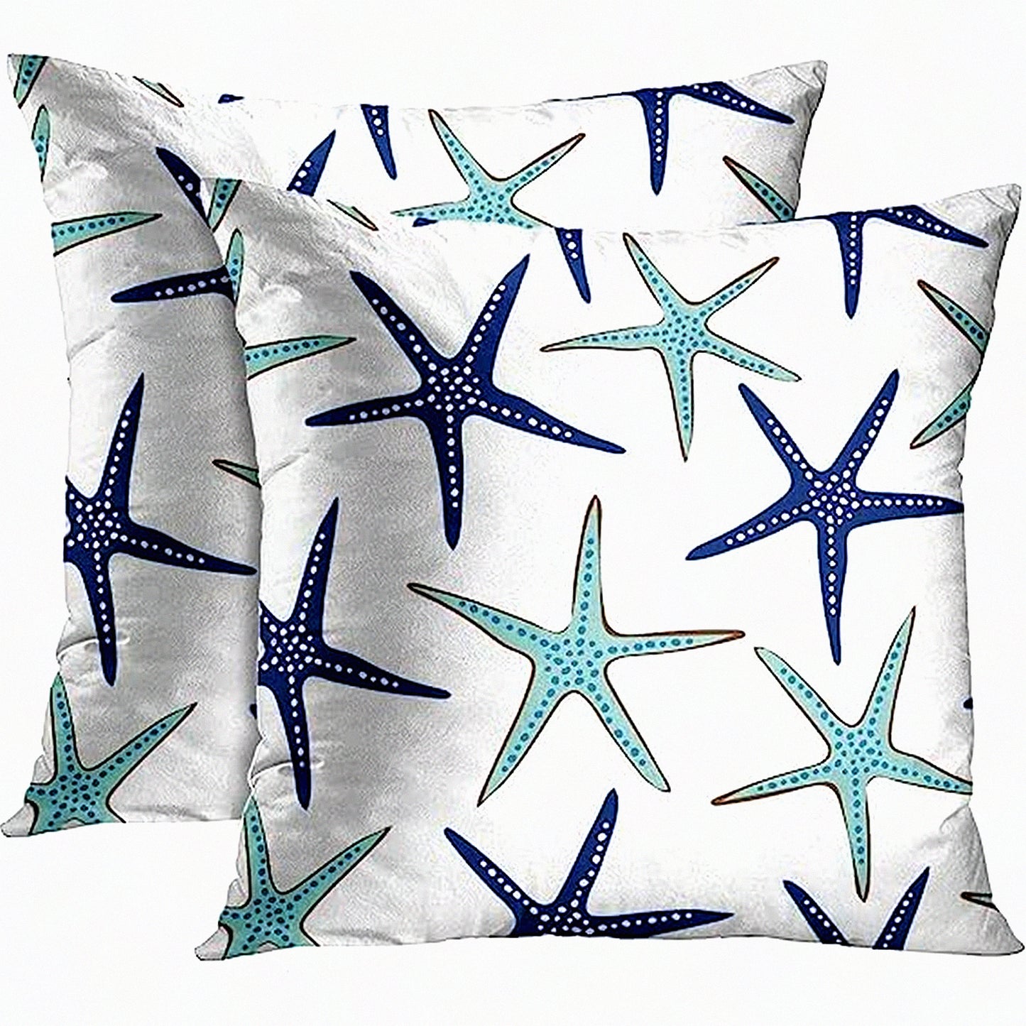 Starfish Coastal Green Blue Throw Pillow Covers - Set of 2 Decorative Cases for Home Decor, Standard Square 24x24 Inches Summer White Pillowcases - Beach Ocean Theme