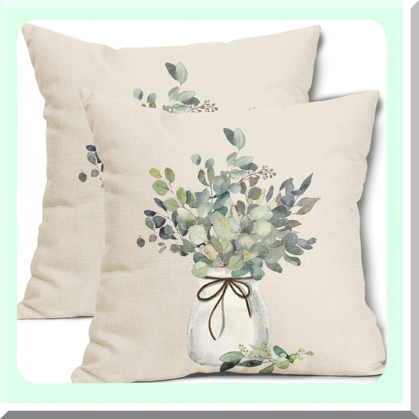 Watercolor Eucalyptus Leaf Pillow Covers - Set of 2 18X18 Inch Sage Green Farmhouse Throw Pillows for Living Room & Bedroom Decor