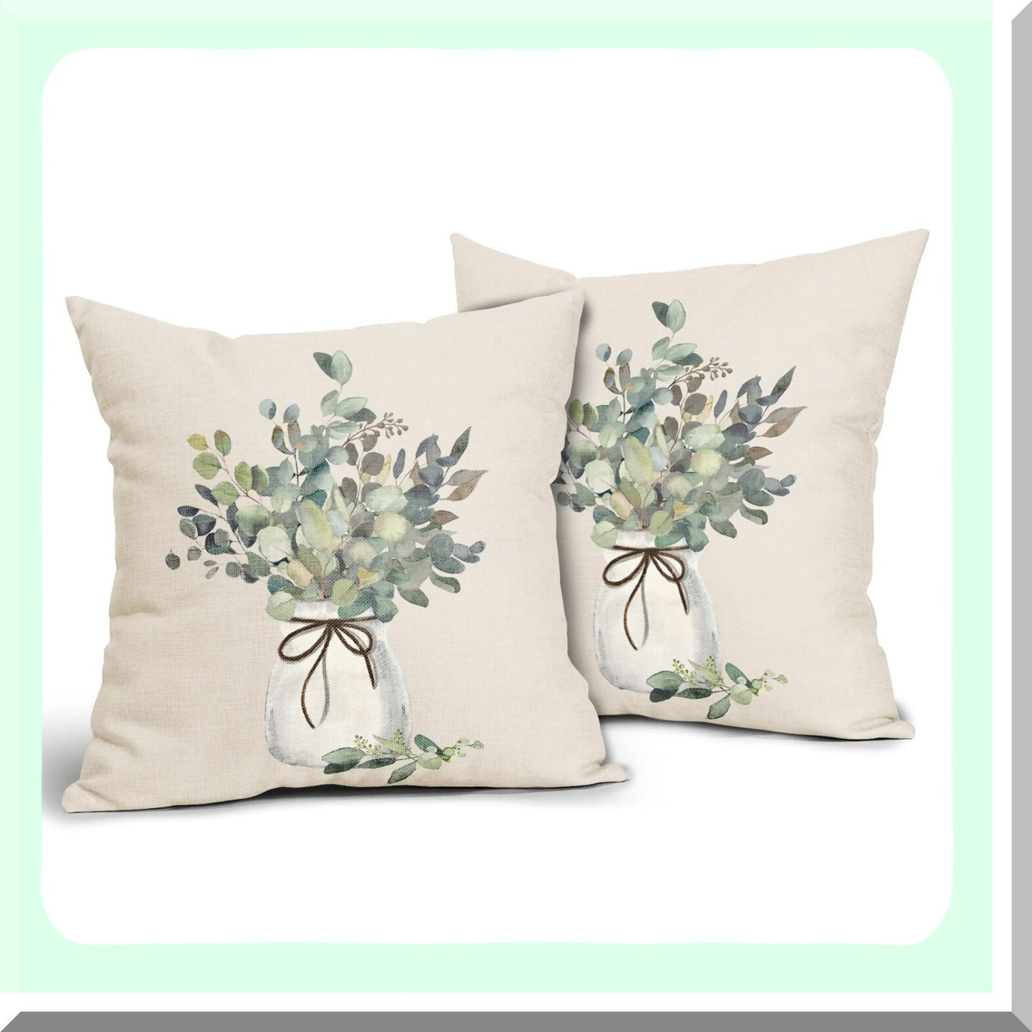 Watercolor Eucalyptus Leaf Pillow Covers - Set of 2 18X18 Inch Sage Green Farmhouse Throw Pillows for Living Room & Bedroom Decor