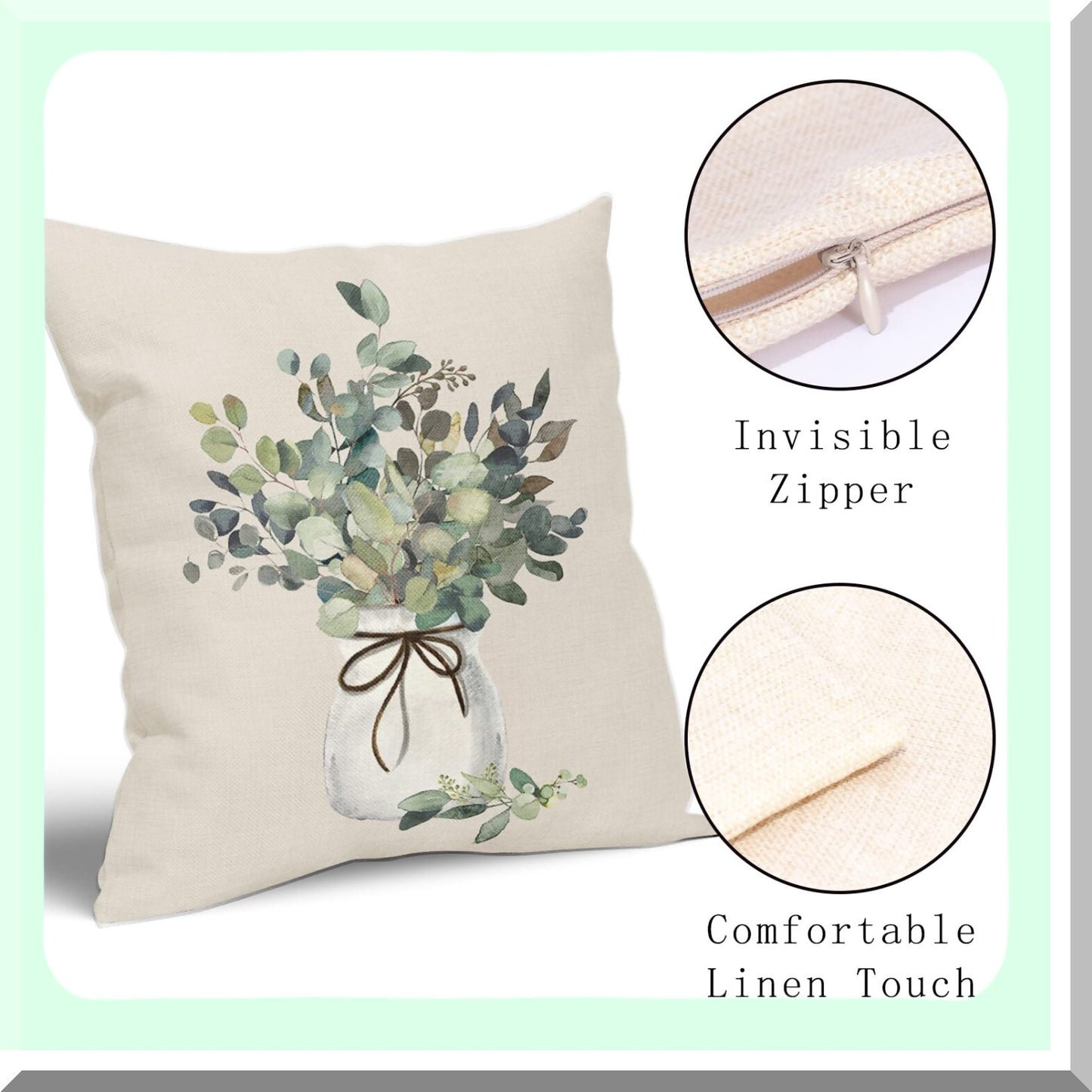 Watercolor Eucalyptus Leaf Pillow Covers - Set of 2 18X18 Inch Sage Green Farmhouse Throw Pillows for Living Room & Bedroom Decor