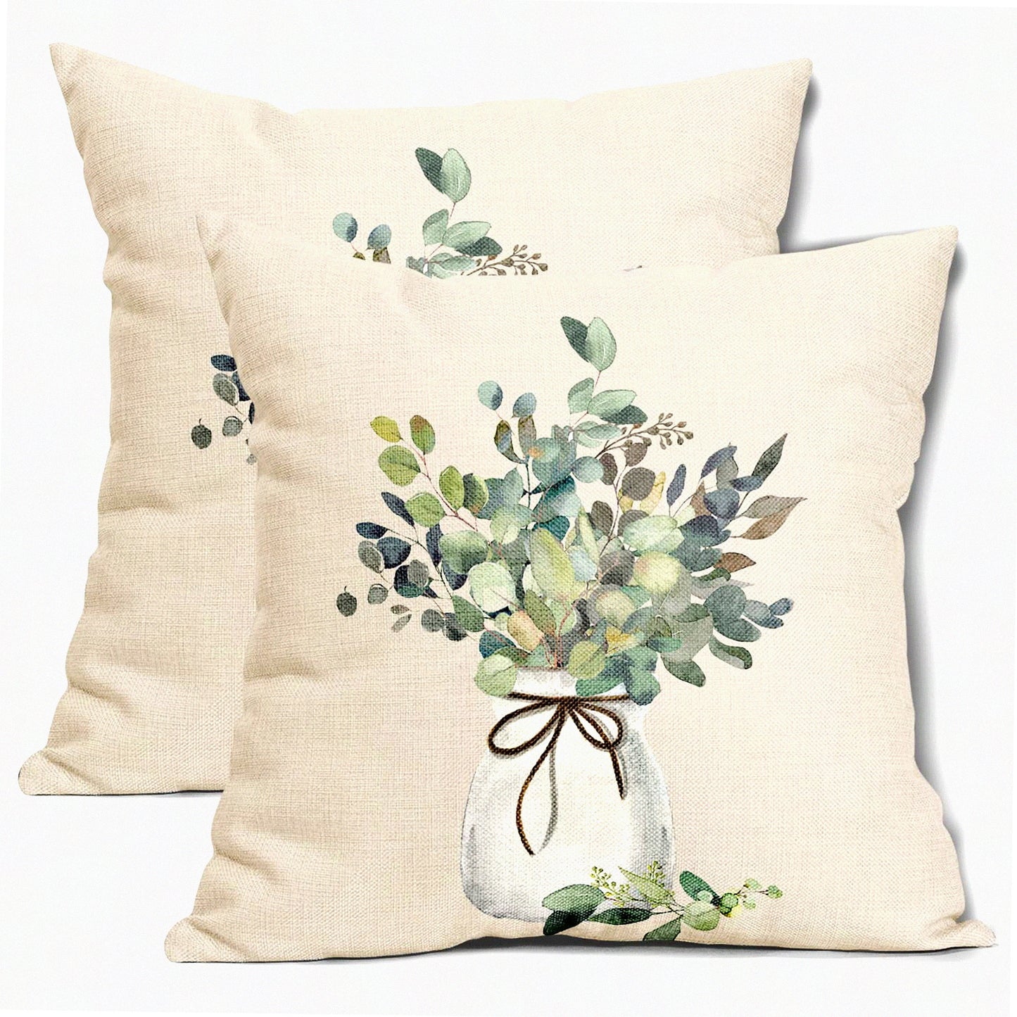 Watercolor Eucalyptus Leaf Pillow Covers - Set of 2 18X18 Inch Sage Green Farmhouse Throw Pillows for Living Room & Bedroom Decor