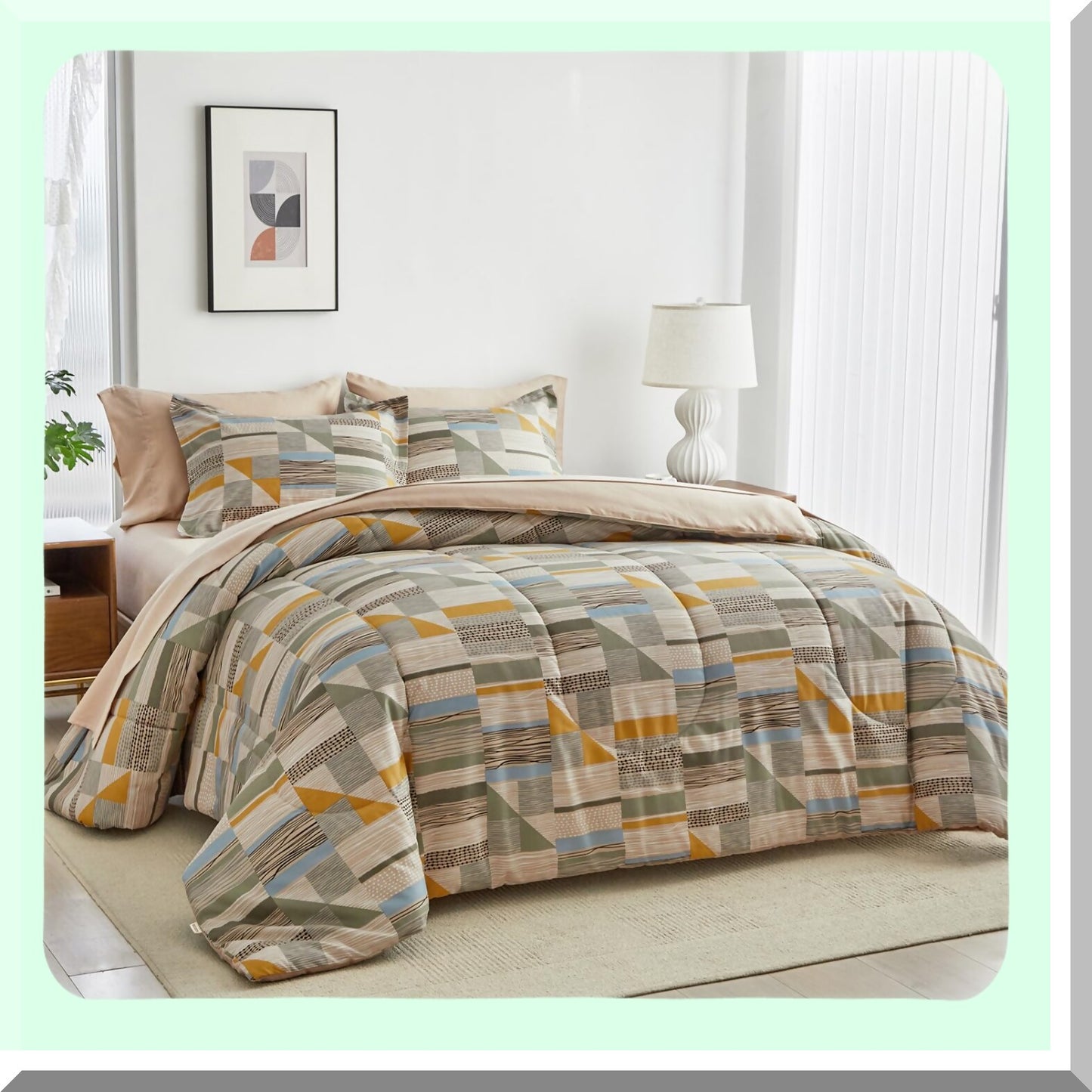 Grid Comfort 7-Piece Bedding Set - Brown Reversible Design, All Season Microfiber Comforter, 2 Shams, Flat Sheet, Fitted Sheet, 2 Pillowcases - Luxurious Bedroom Decor