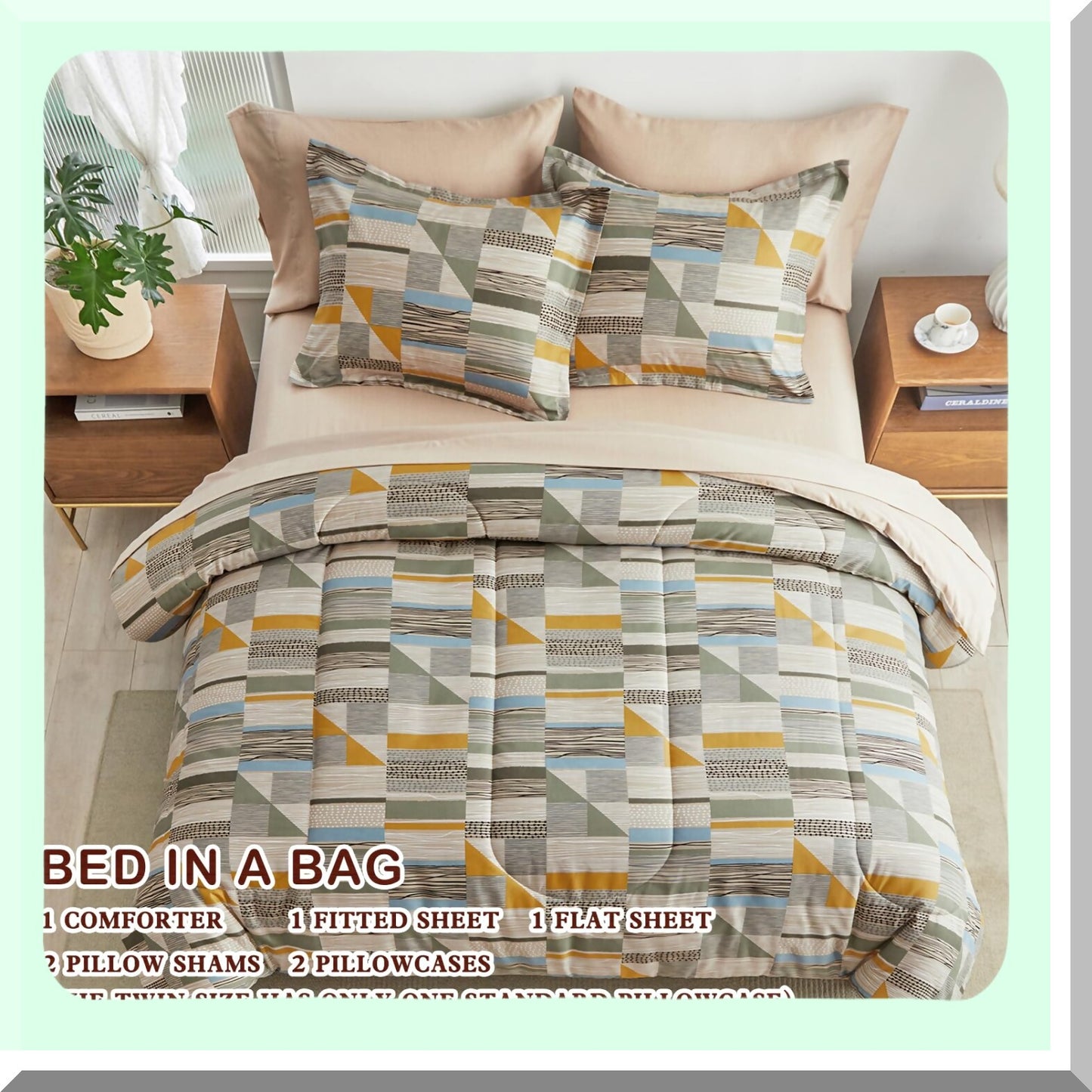 Grid Comfort 7-Piece Bedding Set - Brown Reversible Design, All Season Microfiber Comforter, 2 Shams, Flat Sheet, Fitted Sheet, 2 Pillowcases - Luxurious Bedroom Decor