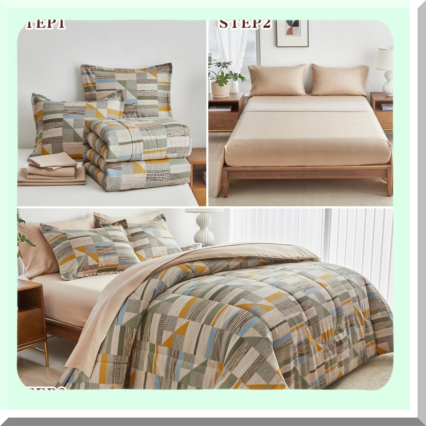 Grid Comfort 7-Piece Bedding Set - Brown Reversible Design, All Season Microfiber Comforter, 2 Shams, Flat Sheet, Fitted Sheet, 2 Pillowcases - Luxurious Bedroom Decor