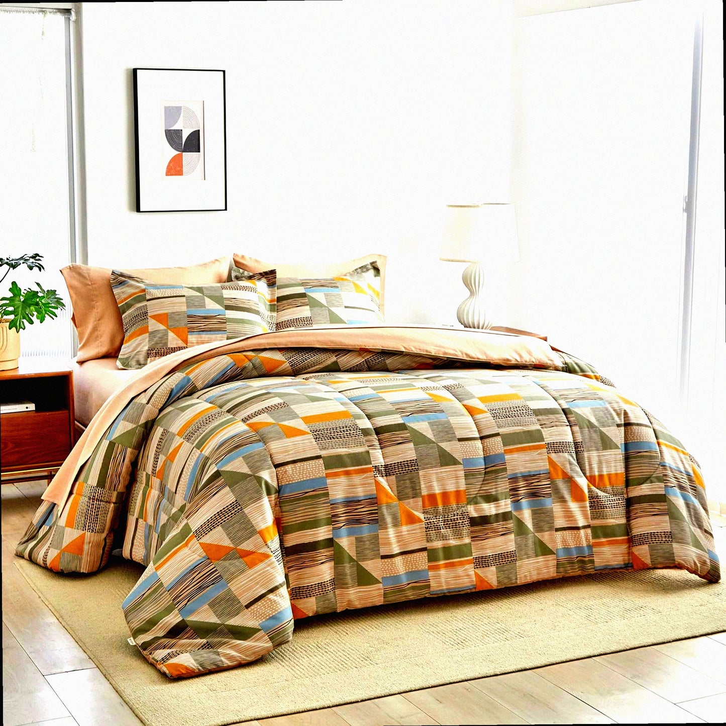 Grid Comfort 7-Piece Bedding Set - Brown Reversible Design, All Season Microfiber Comforter, 2 Shams, Flat Sheet, Fitted Sheet, 2 Pillowcases - Luxurious Bedroom Decor