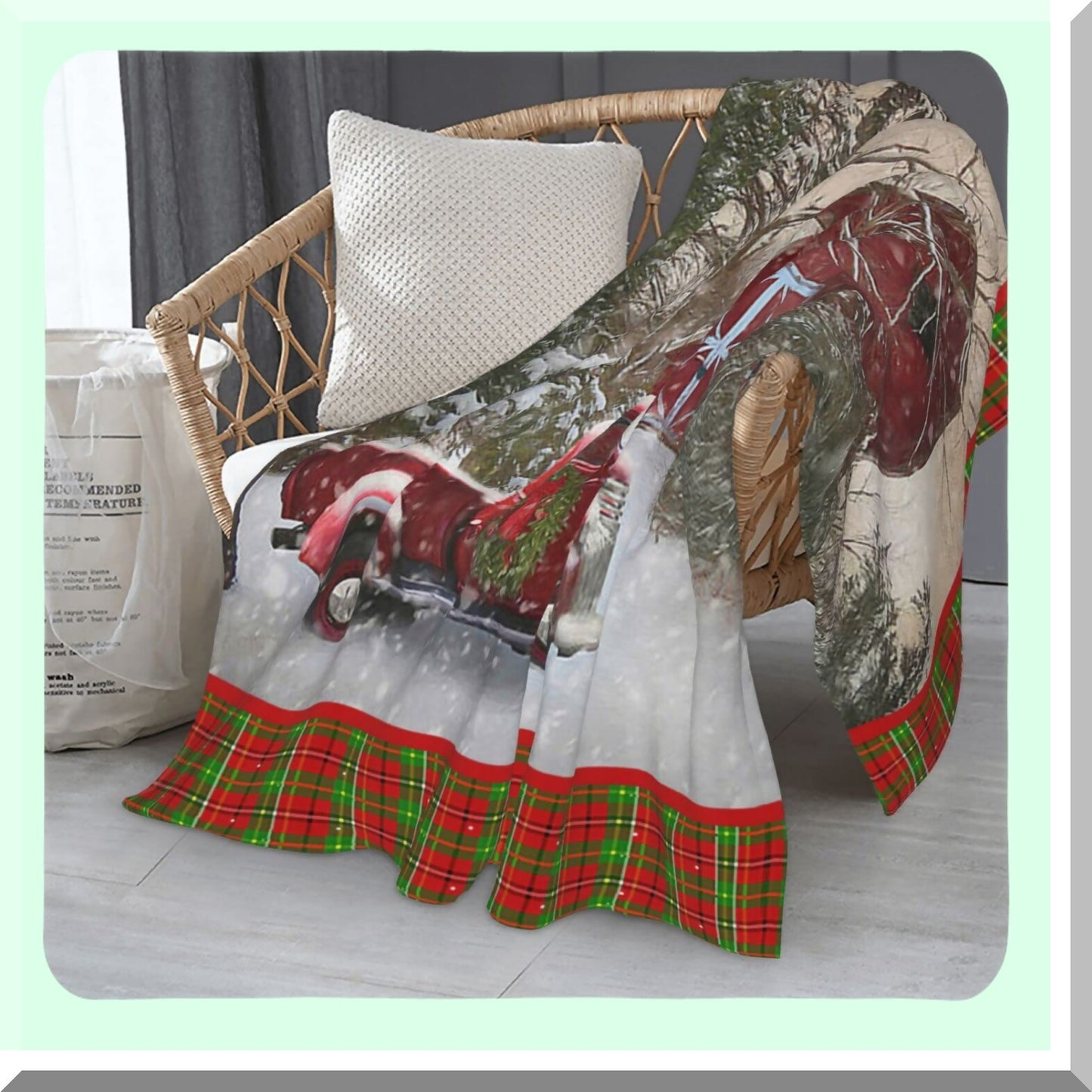 CozyFarm Winter Holiday Red Truck Barn Throw Blanket - Soft Plush Buffalo Plaid Print for Bed, Couch, Living Room, Sofa, Chair (50" x 60")"