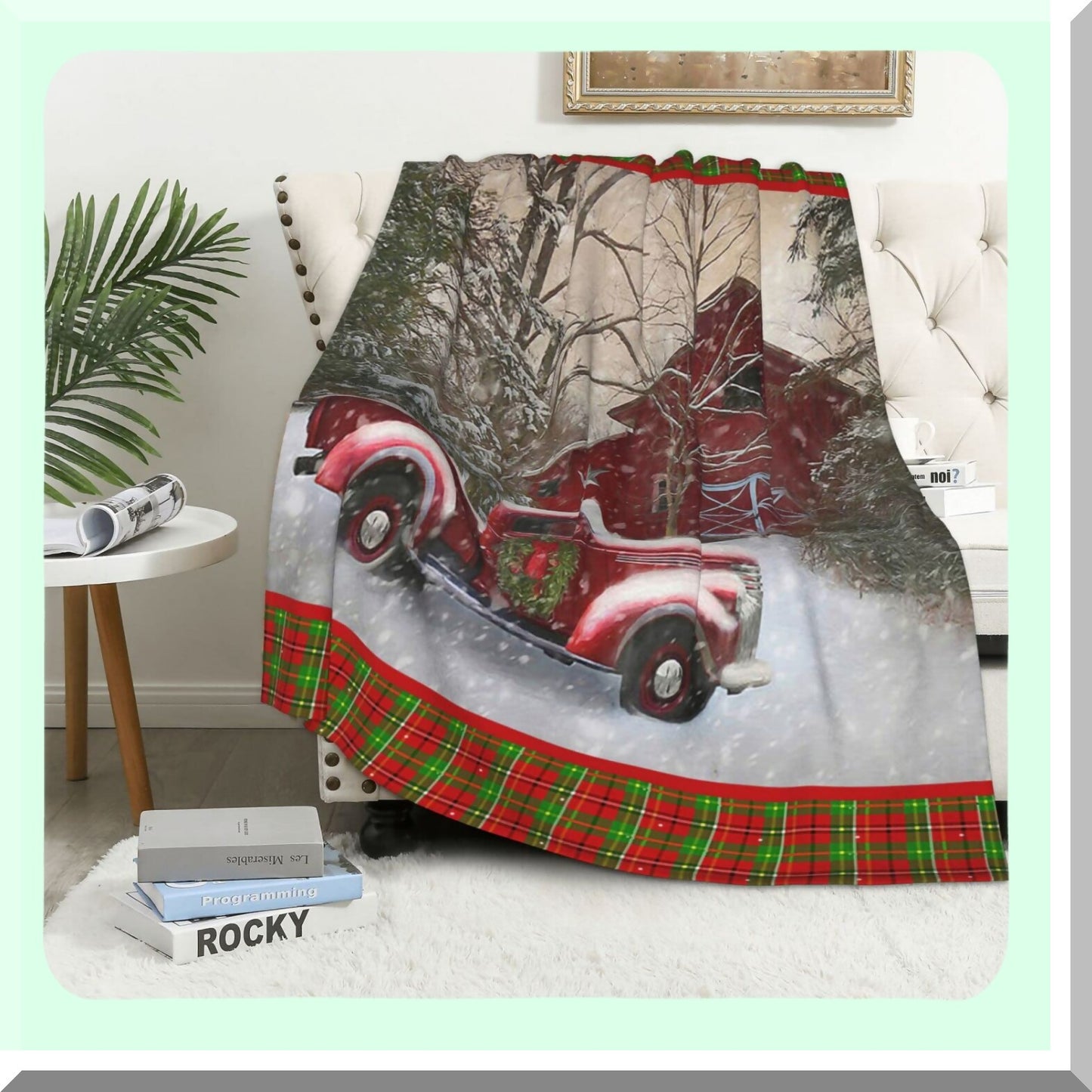 CozyFarm Winter Holiday Red Truck Barn Throw Blanket - Soft Plush Buffalo Plaid Print for Bed, Couch, Living Room, Sofa, Chair (50" x 60")"