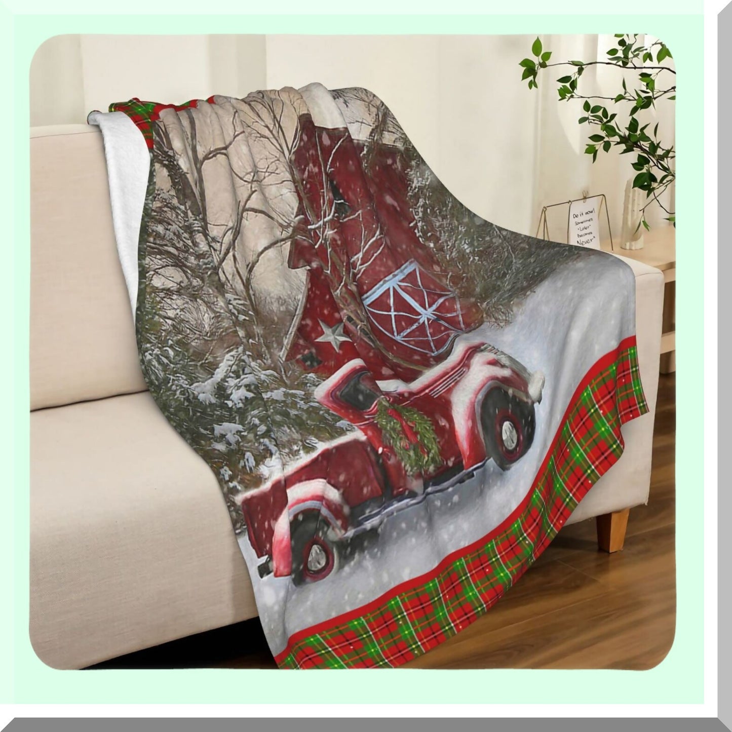 CozyFarm Winter Holiday Red Truck Barn Throw Blanket - Soft Plush Buffalo Plaid Print for Bed, Couch, Living Room, Sofa, Chair (50" x 60")"
