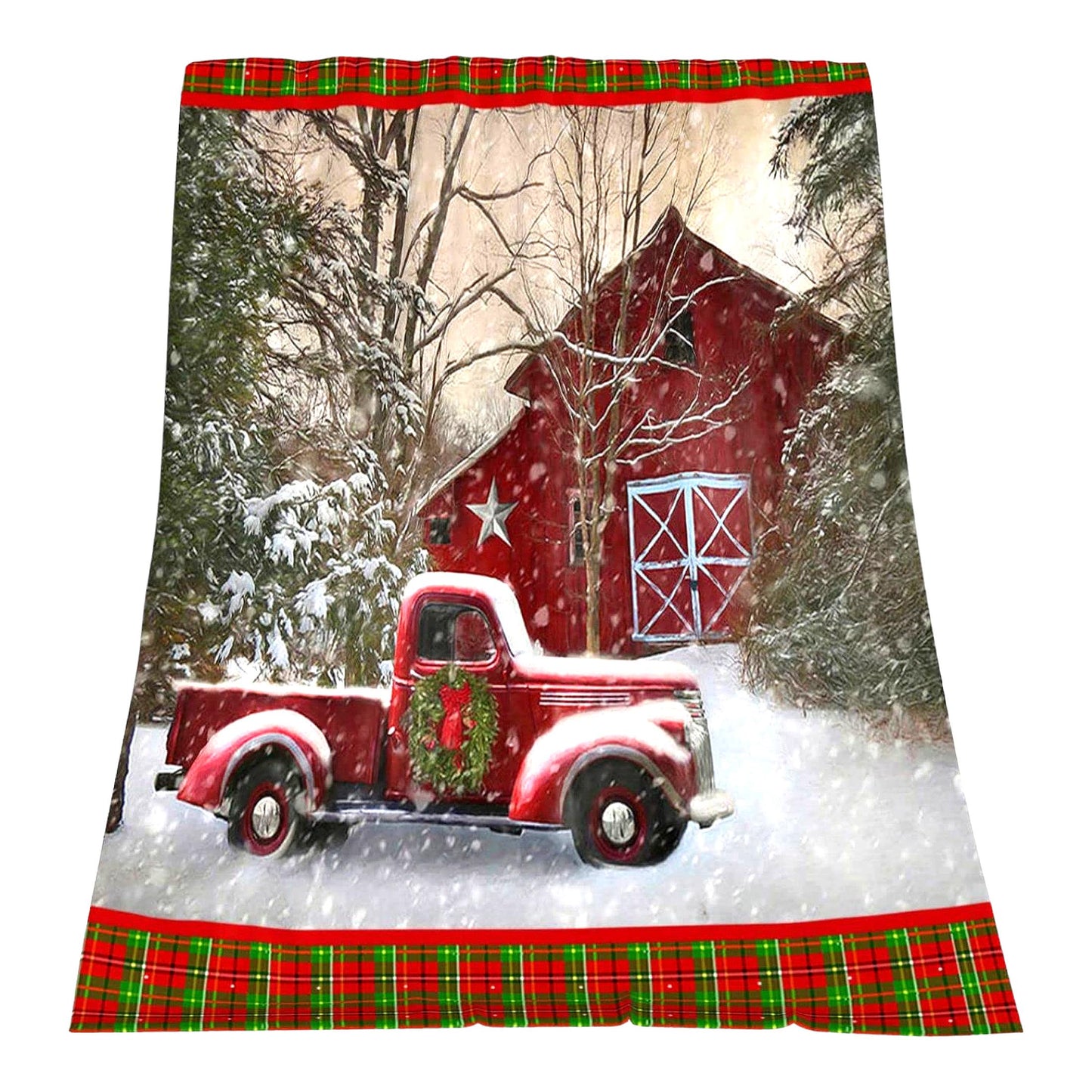 CozyFarm Winter Holiday Red Truck Barn Throw Blanket - Soft Plush Buffalo Plaid Print for Bed, Couch, Living Room, Sofa, Chair (50" x 60")"