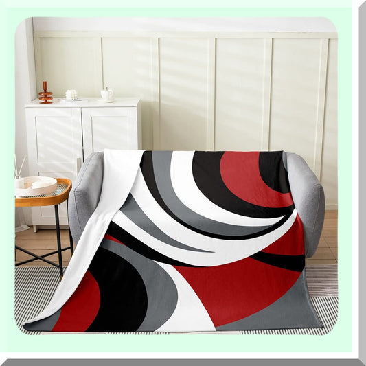 GeoArt All-Season Plush Throw Blanket - Modern Abstract Design in Red, Black, White, and Grey - Fleece Flannel Fuzzy Blanket for Bedroom Decor, Queen 90"x90""
