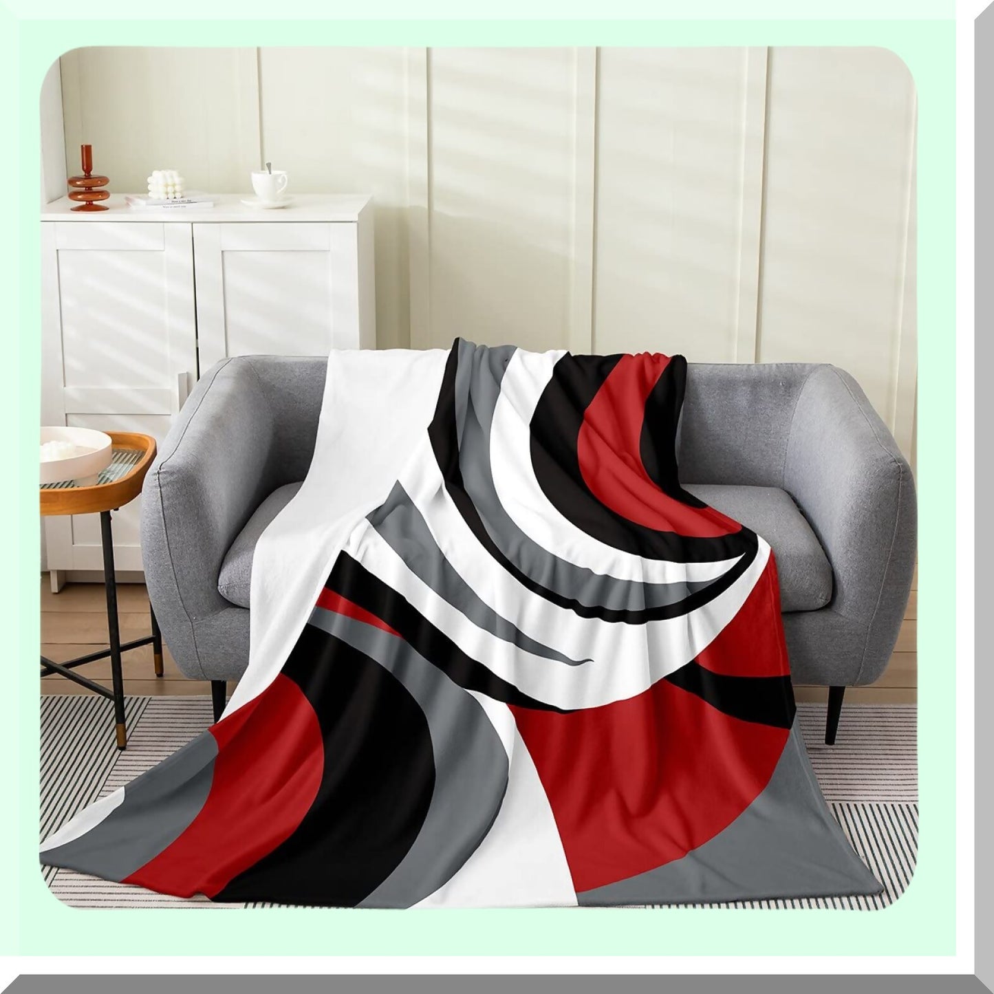 GeoArt All-Season Plush Throw Blanket - Modern Abstract Design in Red, Black, White, and Grey - Fleece Flannel Fuzzy Blanket for Bedroom Decor, Queen 90"x90""
