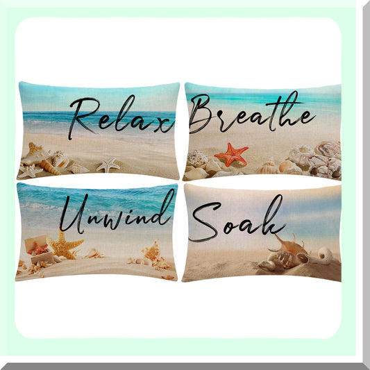Ocean Breeze Coastal Pillow Covers - Set of 4 Blue Sea Starfish Cushion Cases for Summer Beach Theme Home Decor 12" x 20" Sofa Couch Chair Outdoor