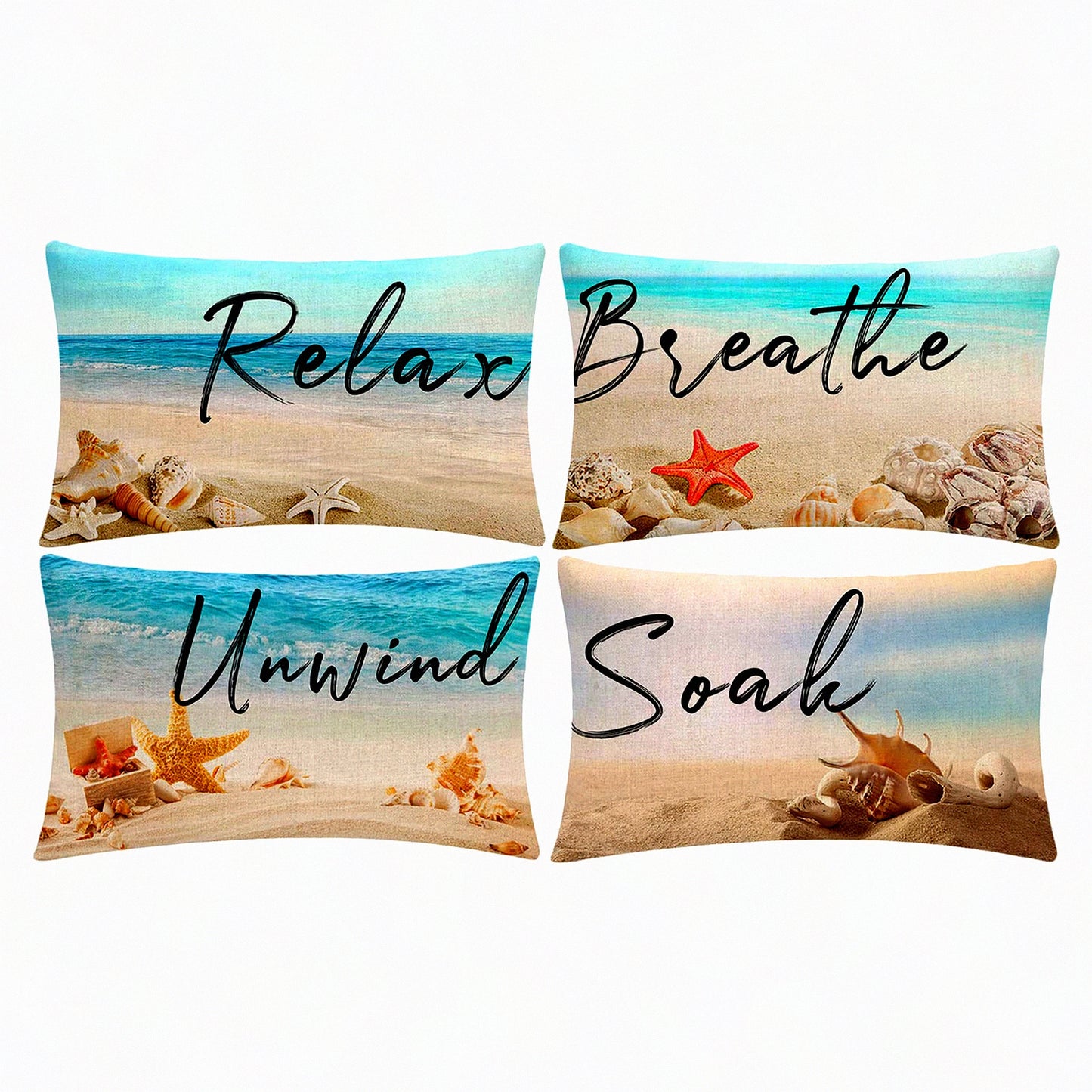 Ocean Breeze Coastal Pillow Covers - Set of 4 Blue Sea Starfish Cushion Cases for Summer Beach Theme Home Decor 12" x 20" Sofa Couch Chair Outdoor