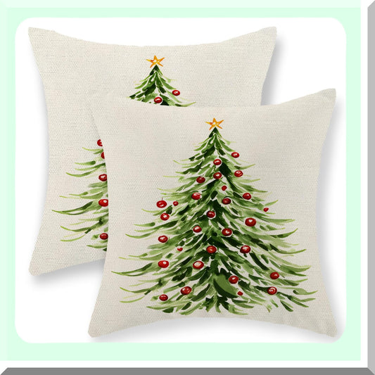 Winter Wonderland Linen Pillow Covers - Set of 2 Green Xmas Trees Decorative Pillowcase for Farmhouse Holiday Decor. Perfect Outdoor Cushion Covers for Couch Home.