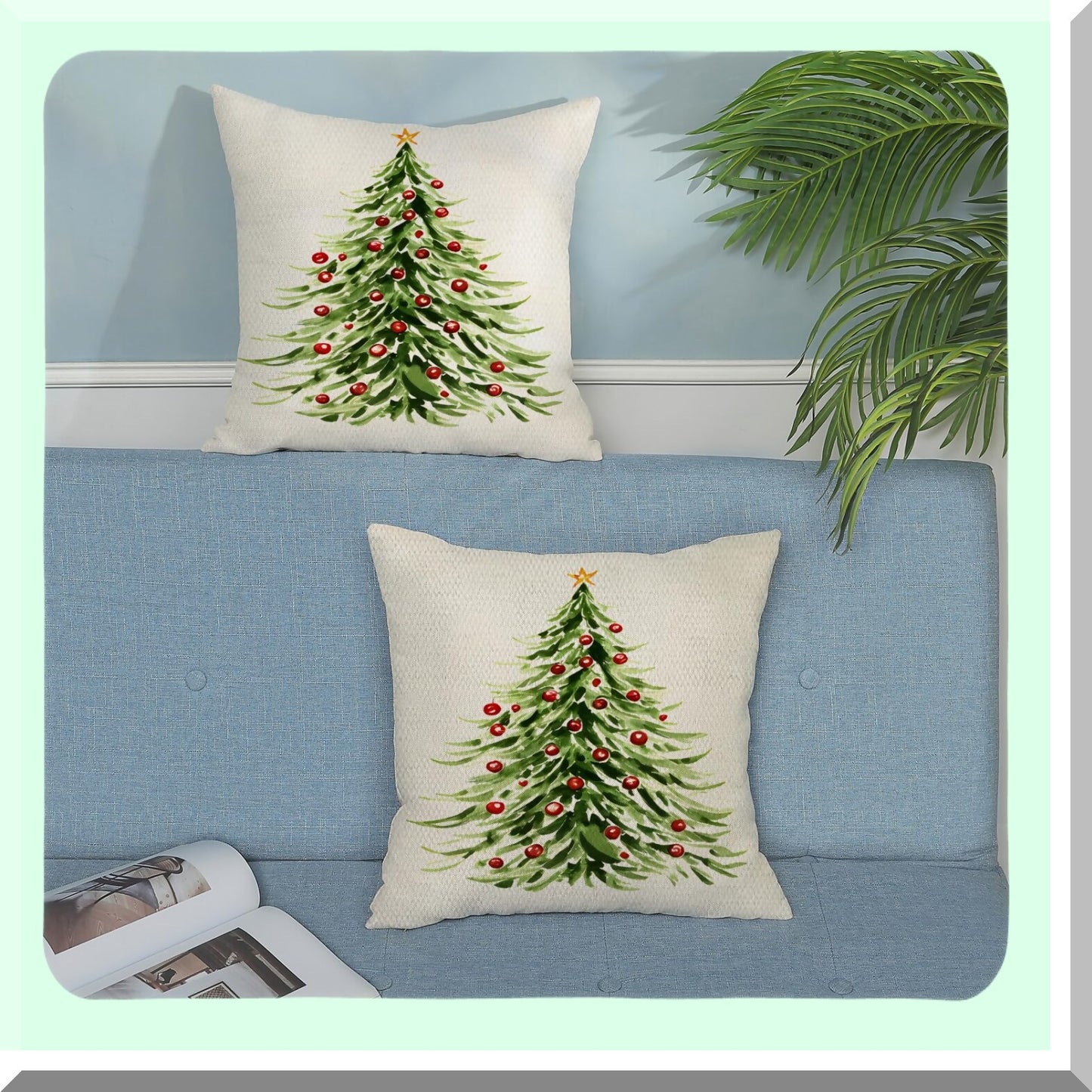 Winter Wonderland Linen Pillow Covers - Set of 2 Green Xmas Trees Decorative Pillowcase for Farmhouse Holiday Decor. Perfect Outdoor Cushion Covers for Couch Home.