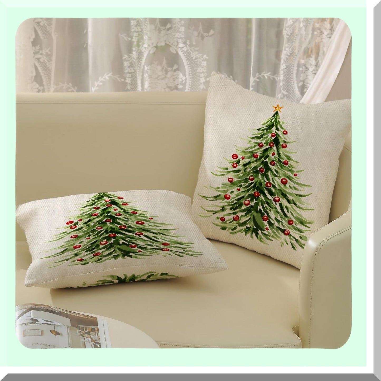 Winter Wonderland Linen Pillow Covers - Set of 2 Green Xmas Trees Decorative Pillowcase for Farmhouse Holiday Decor. Perfect Outdoor Cushion Covers for Couch Home.