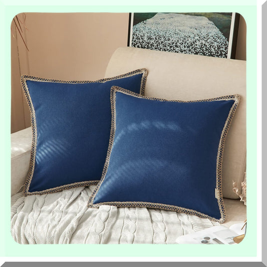 Navy Blue Farmhouse Pillow Covers 18x18 - Pack of 2 Burlap Linen Trimmed Cushion Cover for Couch, Sofa, Chair - Decorative Throw Pillow Case