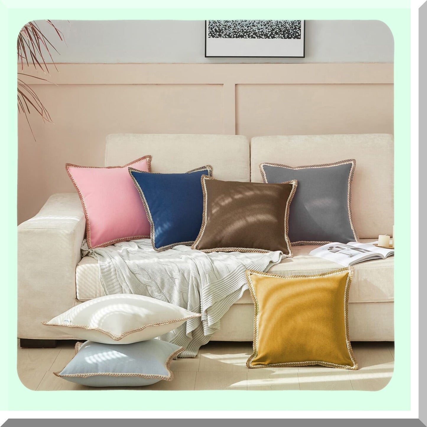 Navy Blue Farmhouse Pillow Covers 18x18 - Pack of 2 Burlap Linen Trimmed Cushion Cover for Couch, Sofa, Chair - Decorative Throw Pillow Case