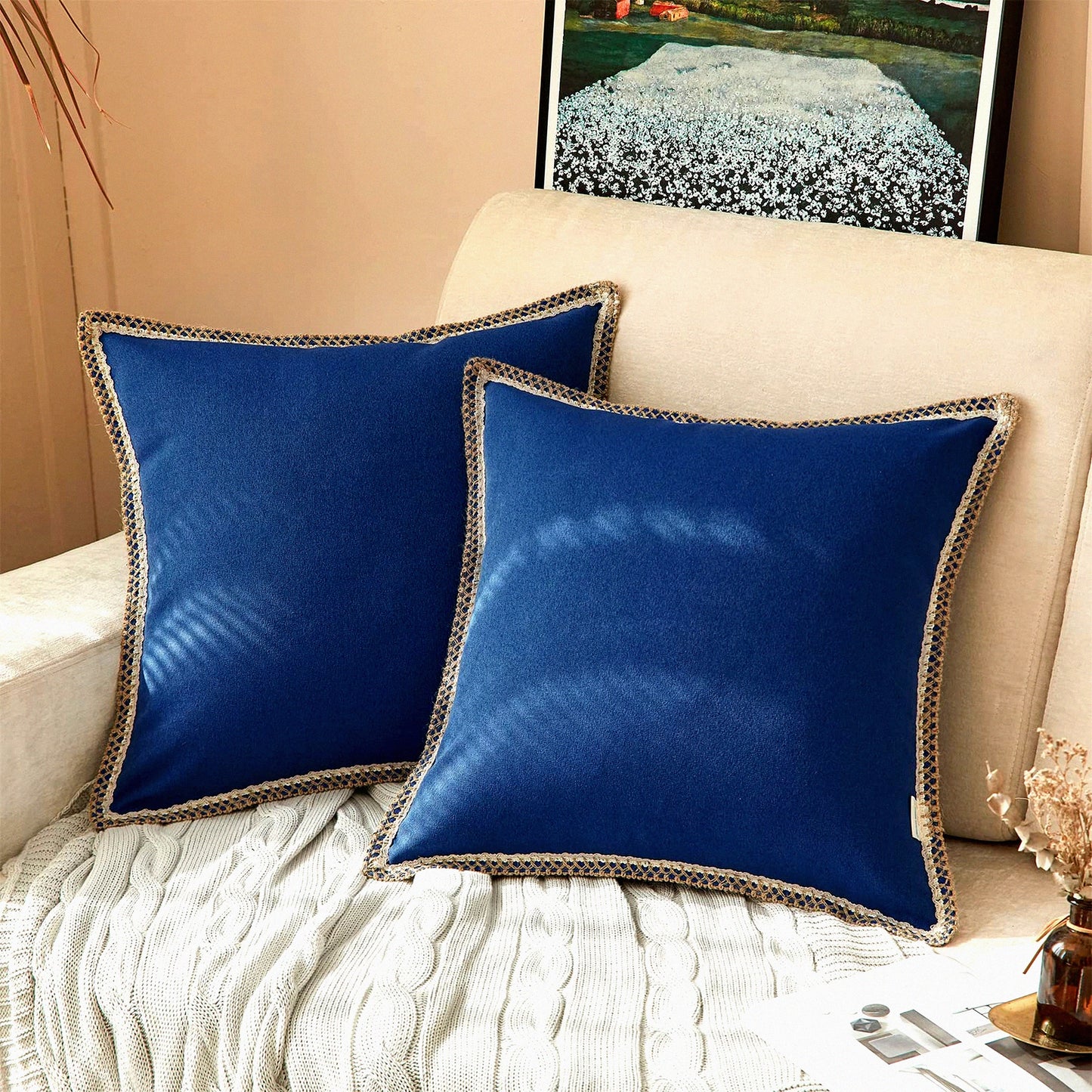 Navy Blue Farmhouse Pillow Covers 18x18 - Pack of 2 Burlap Linen Trimmed Cushion Cover for Couch, Sofa, Chair - Decorative Throw Pillow Case
