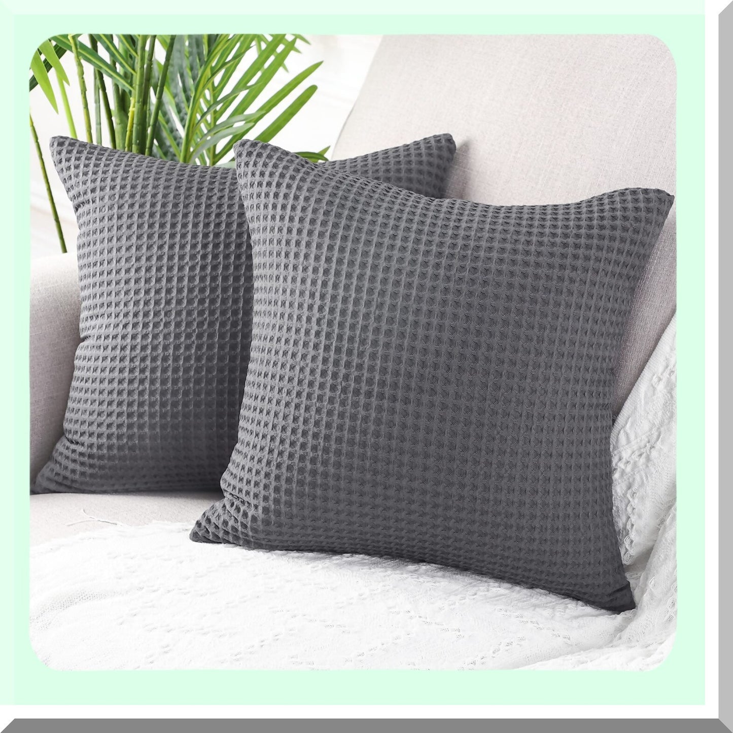 Luxury Waffle Textured Cotton Pillow Covers - Set of 2 Soft Solid Cushion Cases for Couch Sofa Bed - 26x26 Inches Grey - Decorative Pillowcases