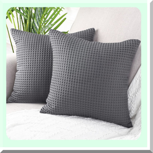 Luxury Waffle Textured Cotton Pillow Covers - Set of 2 Soft Solid Cushion Cases for Couch Sofa Bed - 26x26 Inches Grey - Decorative Pillowcases