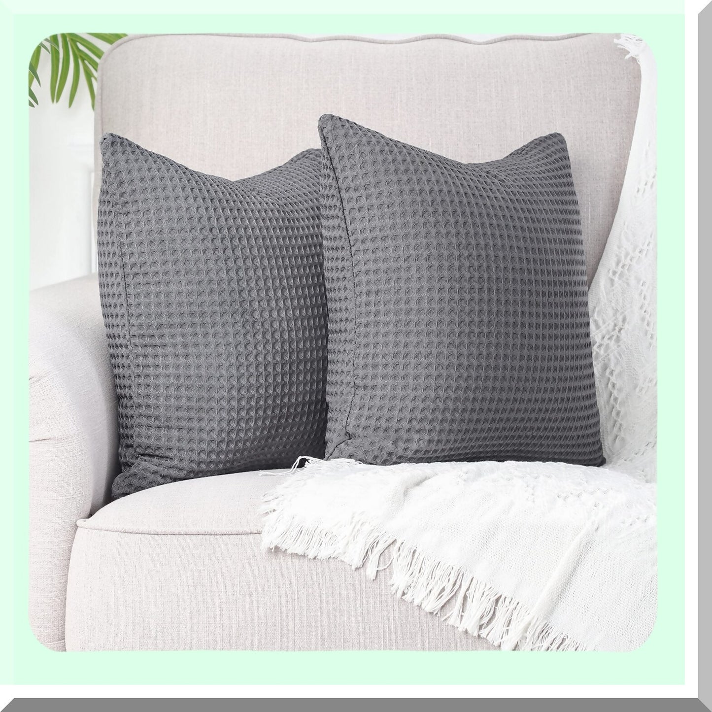 Luxury Waffle Textured Cotton Pillow Covers - Set of 2 Soft Solid Cushion Cases for Couch Sofa Bed - 26x26 Inches Grey - Decorative Pillowcases