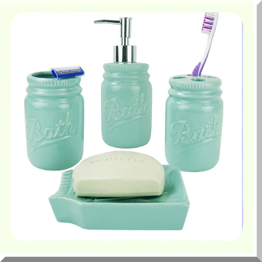 4-Piece Mint Ceramic Mason Jar Bathroom Set