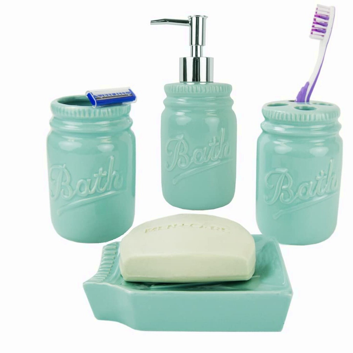 4-Piece Mint Ceramic Mason Jar Bathroom Set