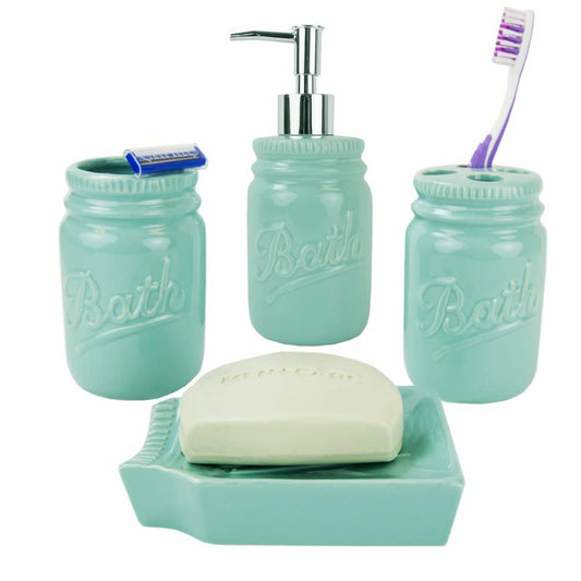 4-Piece Mint Ceramic Mason Jar Bathroom Set