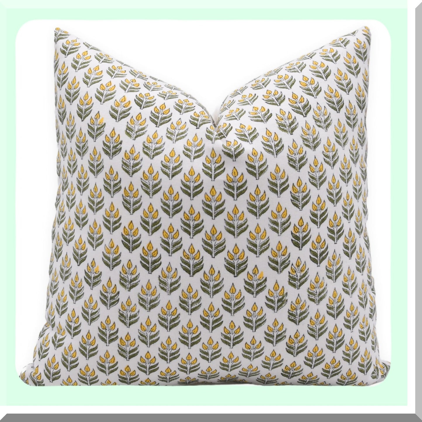 Boho Chic Floral Block Print Cushion Cover - Vintage White Cotton Throw Pillow Case for Sofa & Couch - 16x16 Yellow Outdoor Decor - Aliya Collection