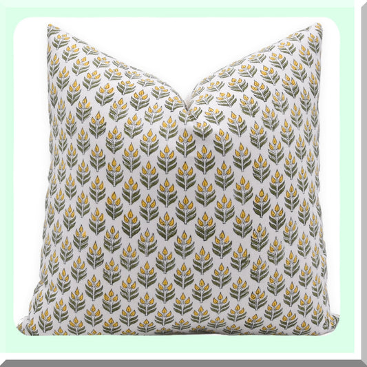 Boho Chic Floral Block Print Cushion Cover - Vintage White Cotton Throw Pillow Case for Sofa & Couch - 16x16 Yellow Outdoor Decor - Aliya Collection